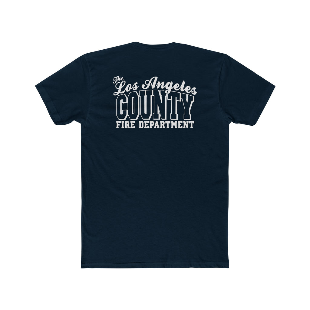 Navy blue t-shirt with 'Los Angeles County Fire Department' text on the back against a white background