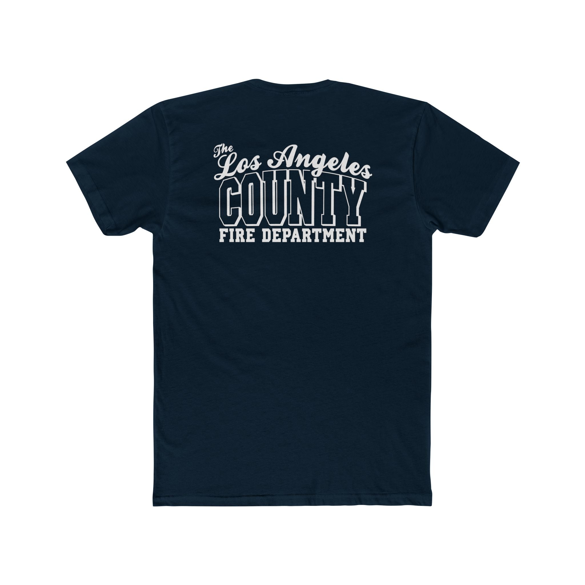 Navy blue t-shirt with 'Los Angeles County Fire Department' text on the back against a white background