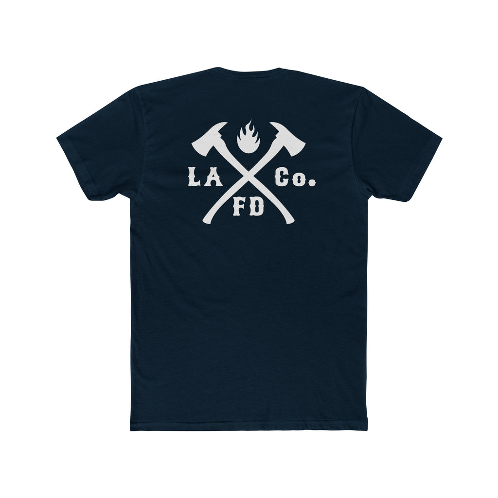 Navy blue t-shirt with white graphic and text on a white background, LACOFD
