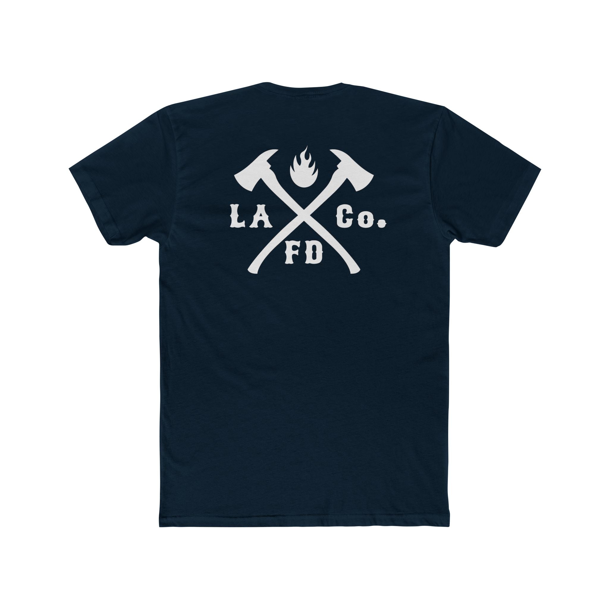 Navy blue t-shirt with white graphic and text on a white background, LACOFD

