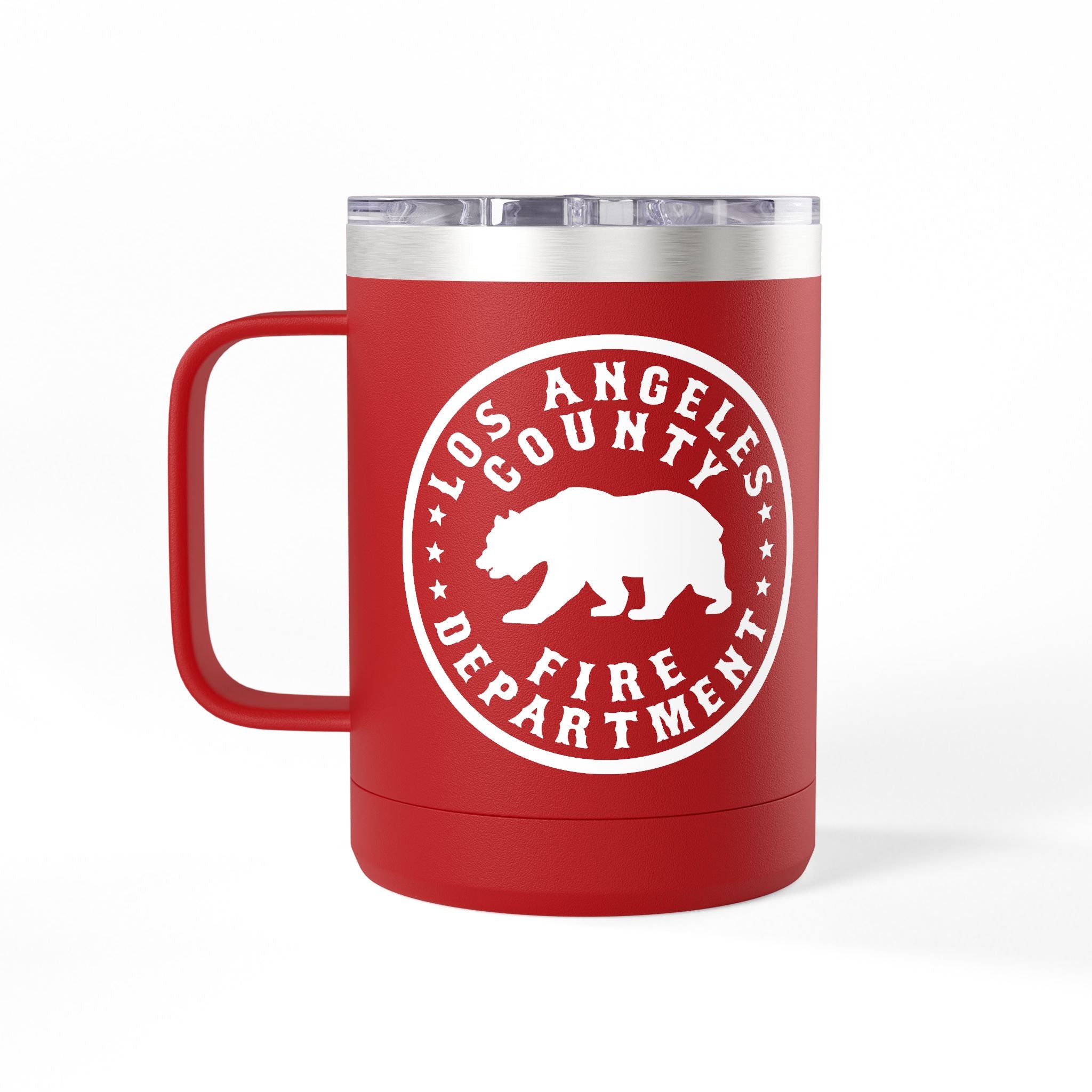 Red mug with Los Angeles County Fire Department logo on a white background