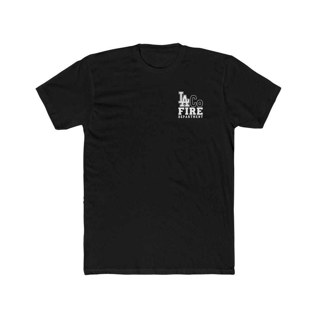 Black t-shirt with 'LA County Fire Department' logo on a white background