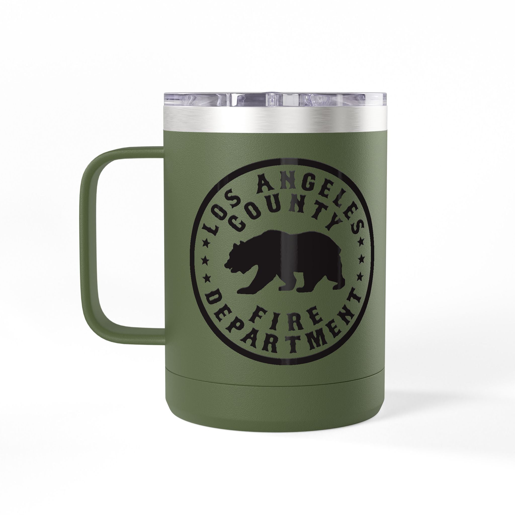 Green mug with Los Angeles County Fire Department logo on a white background
