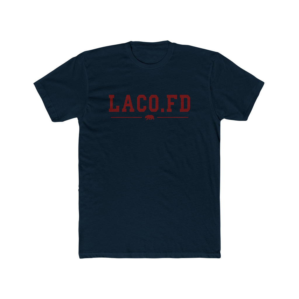 Navy blue t-shirt with 'LACO.FD' printed in red on a white background
