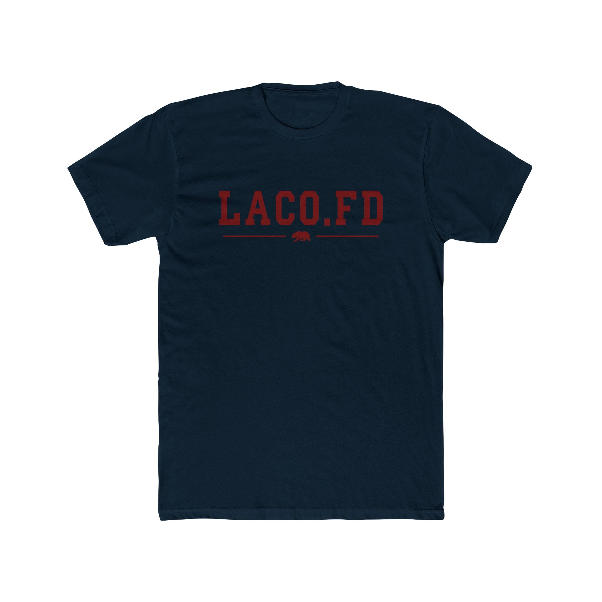 Navy blue t-shirt with 'LACO.FD' printed in red on a white background
