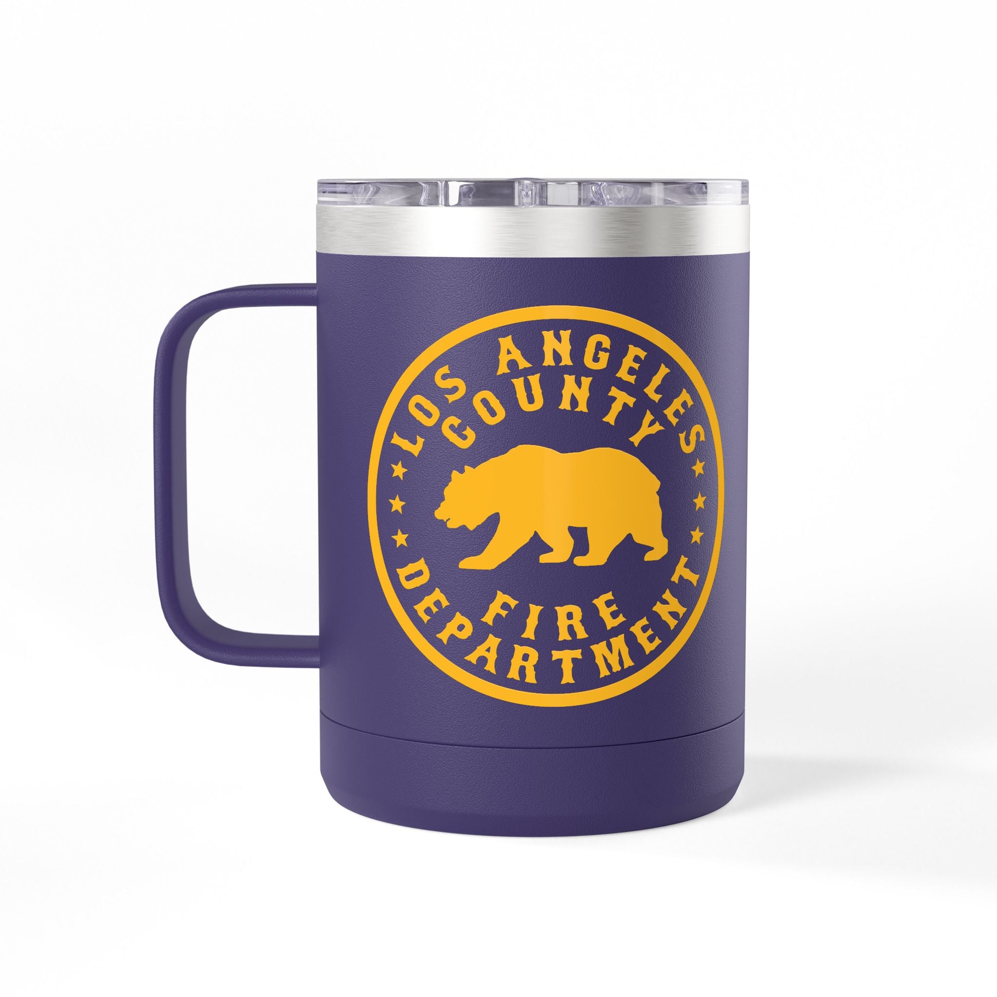Purple lakers mug with yellow Los Angeles County Fire Department logo on a white background